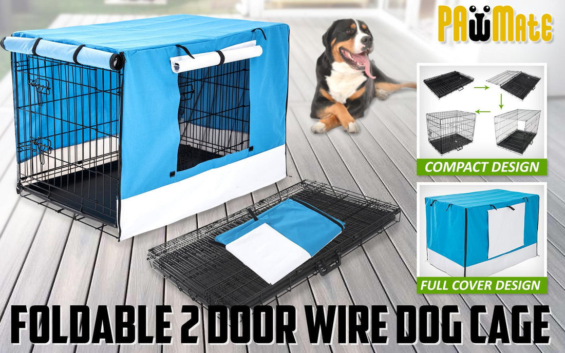 Paw Mate Wire Dog Cage Foldable Crate Kennel 24in with Tray + Blue Cover Combo - Pets Gear