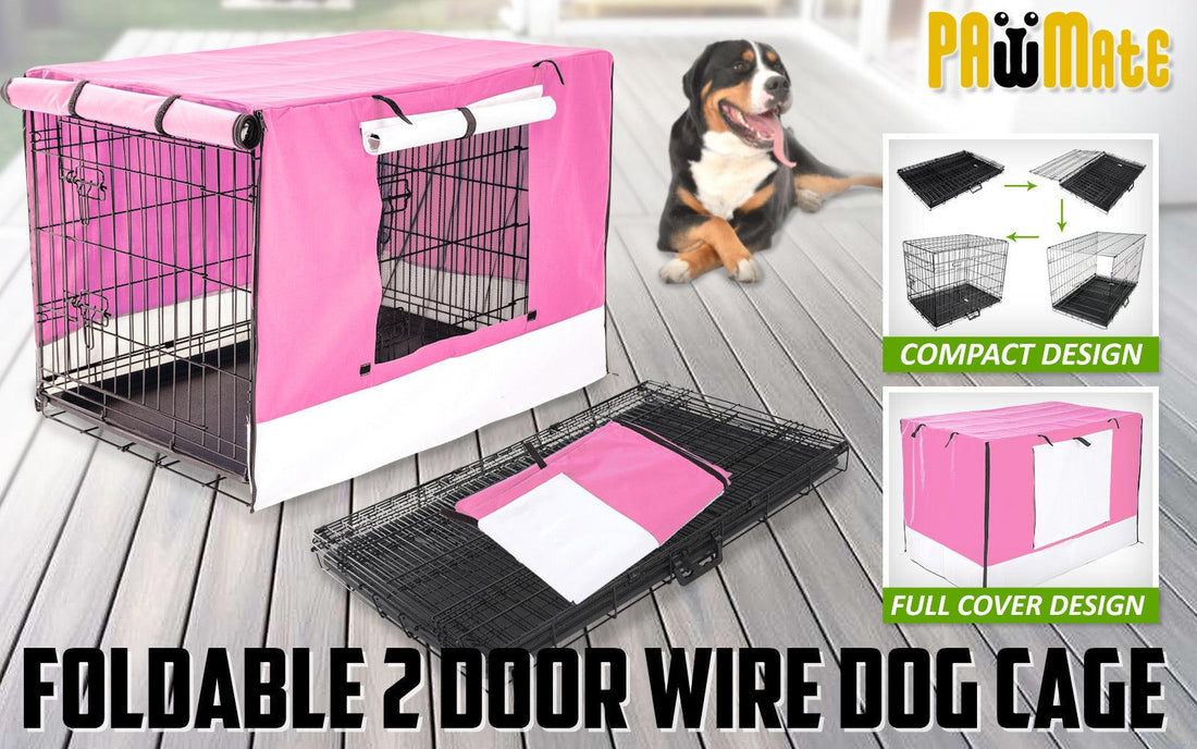 Paw Mate Wire Dog Cage Foldable Crate Kennel 30in with Tray + Pink Cover Combo - Pets Gear