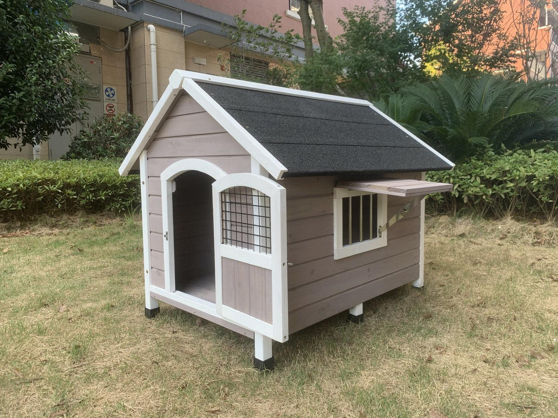 Timber Pet Dog Kennel House Puppy Wooden Timber Cabin With Stripe Grey - Pets Gear