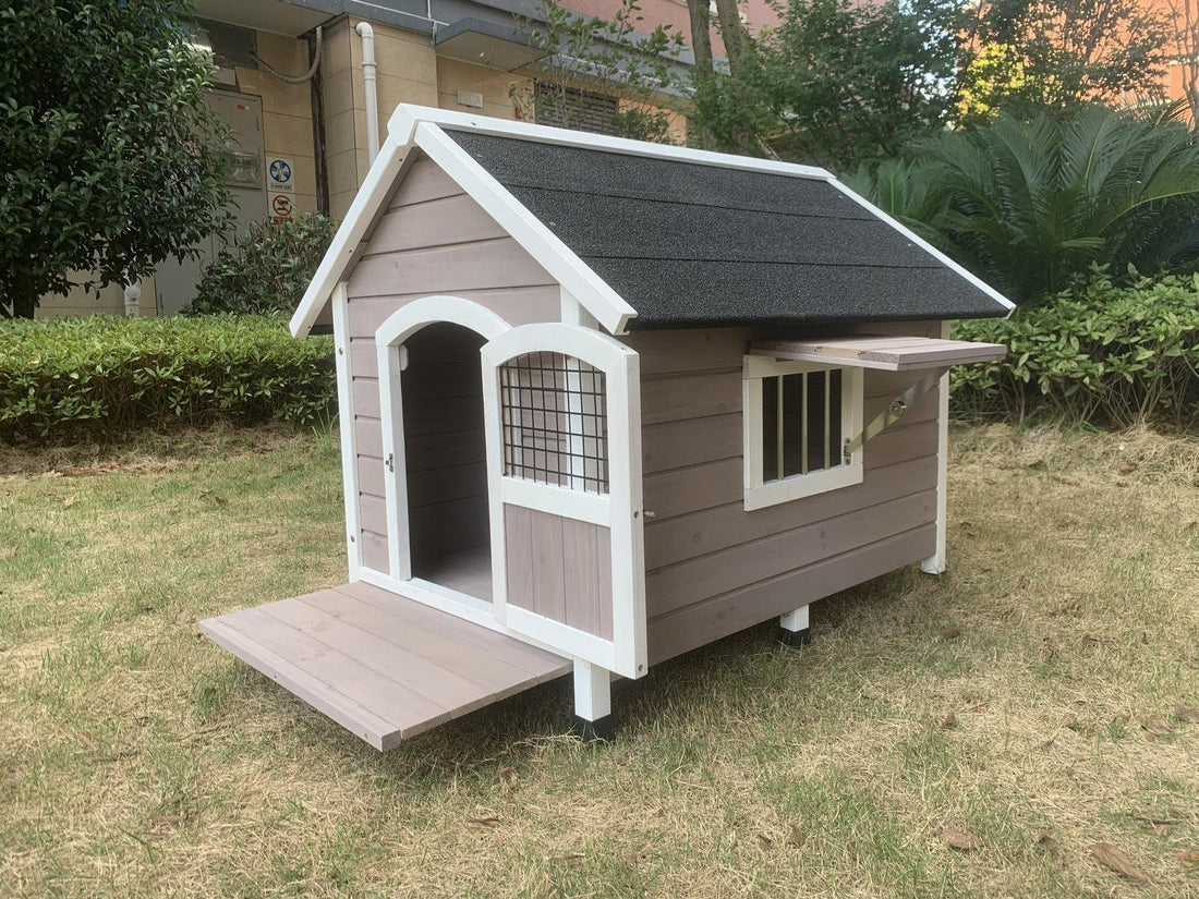 Timber Pet Dog Kennel House Puppy Wooden Timber Cabin With Stripe Grey - Pets Gear