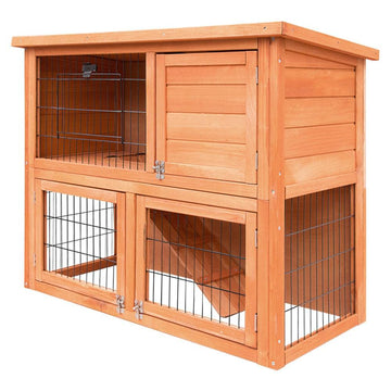 Wooden Rabbit Hutch Two Levels Cage Guinea Pig Coop - Pets Gear