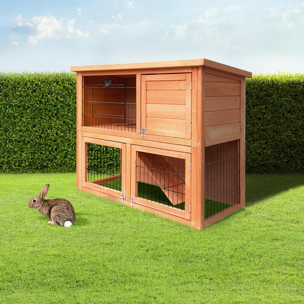 Wooden Rabbit Hutch Two Levels Cage Guinea Pig Coop - Pets Gear