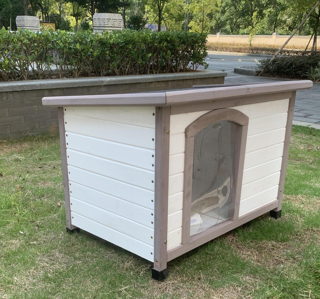 YES4PETS M Timber Pet Dog Kennel House Puppy Wooden Timber Cabin With Stripe White - Pets Gear